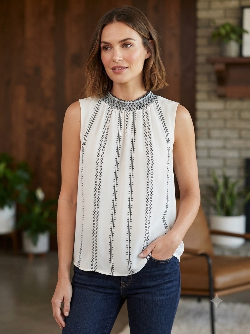 White House Black Market White Sleeveless Smocked Neck Top with Black Embroidery